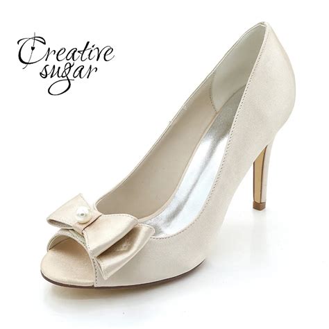 Creativesugar Pearl Bowtie Bow Open Toe Lady Satin Evening Dress Shoes Elegant Bridal Wedding