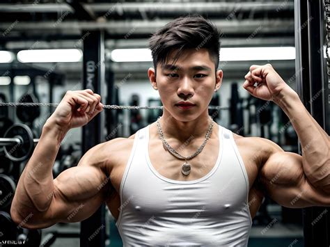 Premium Ai Image Sexy Muscular Asian Guy Flexing Biceps With Tank Top In A Gym Illustration