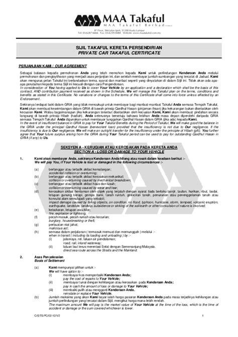 Pdf Sijil Takaful Kereta Persendirian Private Car Takaful Certificate