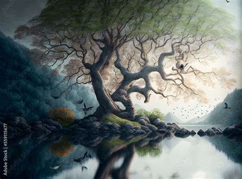 Spiritual Tree By The Lake Misty Landscape Tree With Birds In The