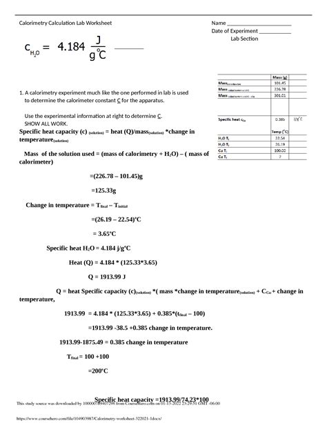 Solution Calorimetry Worksheet Docx Studypool