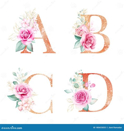 Watercolor Gold Floral Alphabet Set Of A B C D With Soft Flowers