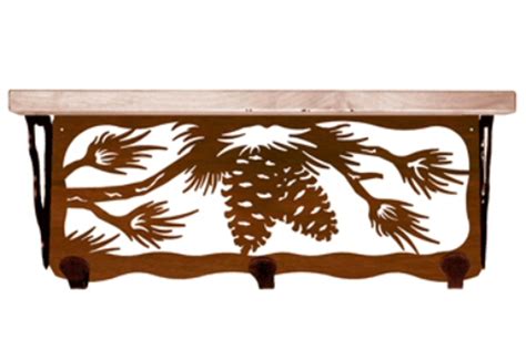 20 Pine Cone Metal Wall Shelf And Hooks With Alder Wood Top Rustic