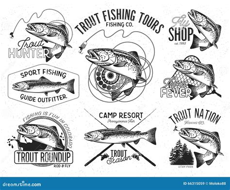 Vintage Trout Fishing Emblems Stock Vector Illustration Of Bait Lure