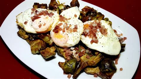 Alcachofas salteadas con jamón y huevos fritos YouTube