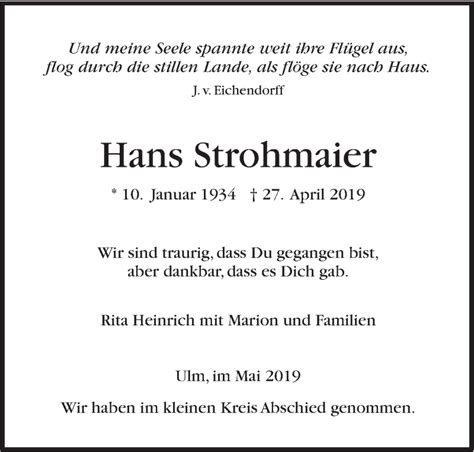 Traueranzeigen von Hans Strohmaier Südwest Presse Trauer