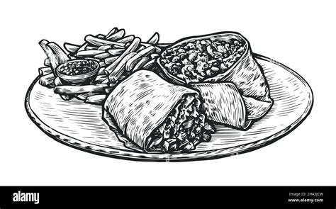 Kebab Doner Food Sketch Of Restaurant Dish In Vintage Style Stock