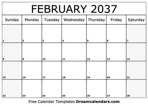 February 2037 Calendar - Free Printable with Holidays and Observances