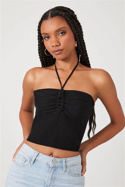 Forever 21 Sweater Knit Halter Crop Top Black Forever21USA