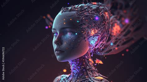 female humanoid head as artificial intelligence (ai) in vibrant neon ...