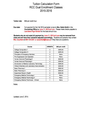 Fillable Online Tuition Calculation Form RCC Dual Enrollment Classes ...