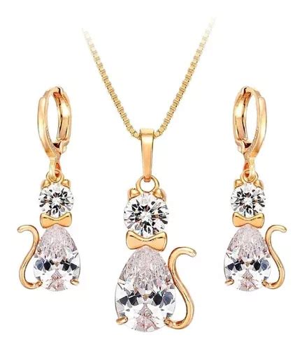 Fino Collar Y Aretes Gato Swarovski Oro 18k Lam Estuche Cuotas Sin