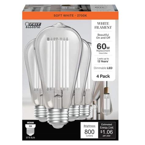 Feit Electric 60 Watt Equivalent St19 Dimmable White Filament Clear Glass E26 Vintage Edison Led