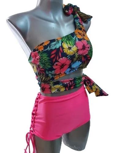 Traje De Baño A Un Hombro Bikini Mujer Floreado Colores Rosa Cuotas