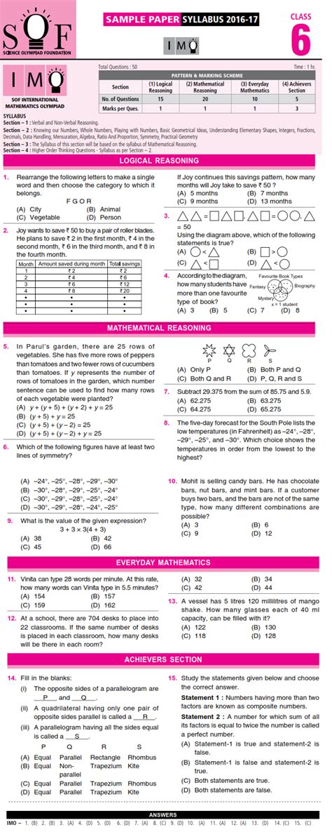 Nco Nso Imo Ieo And Igko 2018 19 Class 6 First Level Sample Papers Aglasem Schools