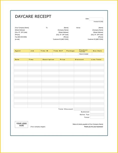 Day Care Receipt Template