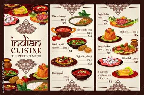 Indian Cuisine Food Menu Traditional India Restaurant Dishes Vector