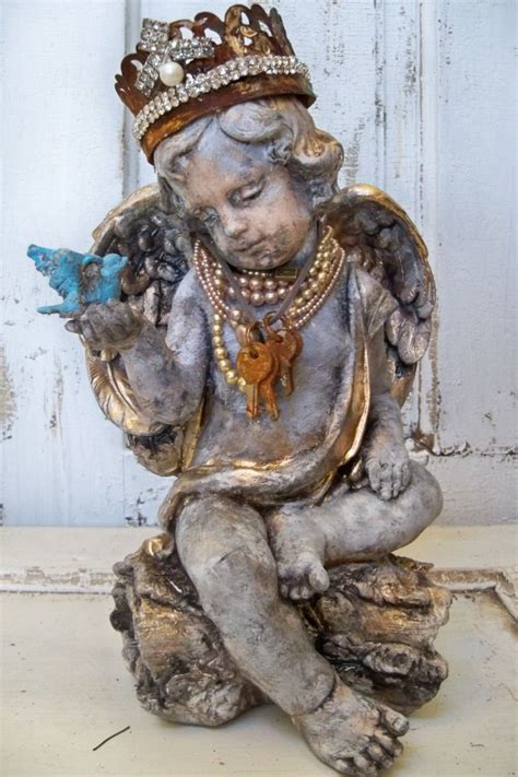 RESERVED Till The 16th Hand Painted Shabby Cherub Statue With Crown