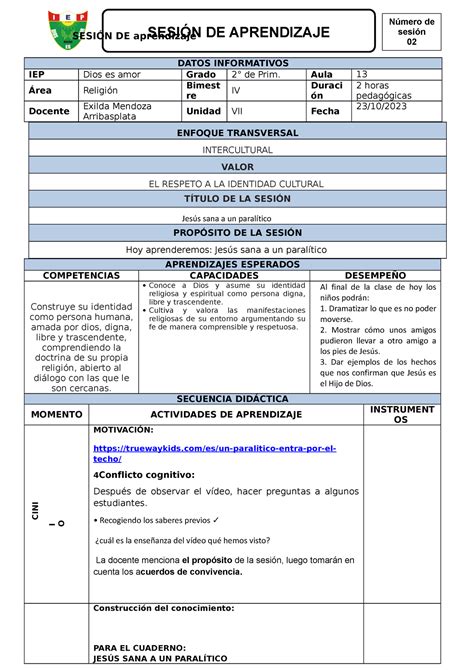 2 religión Jesús SANA A UN Paralítico DATOS INFORMATIVOS IEP Dios