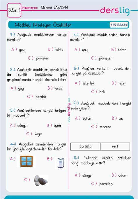 S N F Fen Bilimleri Maddeyi Niteleyen Zellikler Yaprak Test Derslig