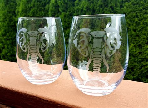 Elephant Glass Set Etched Wine Glass Etched Elephant Glass Etsy