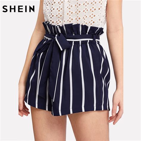 Shein Belted Ruffle Waist Striped Boho Shorts Women Navy High Waist