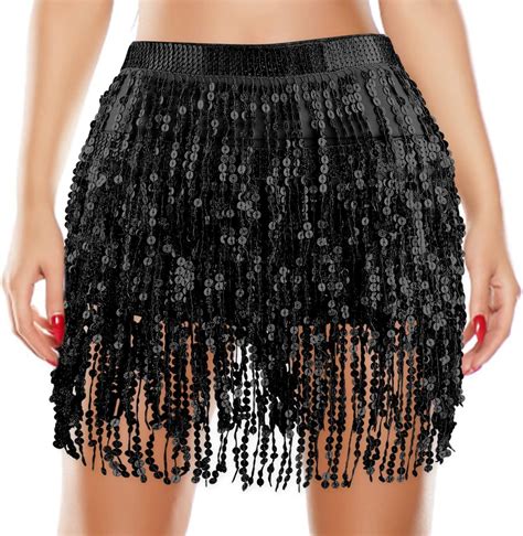 Lusofie Black Sequins Fringe Skirt Tassel Skirt Belly Dance Hip Scarf