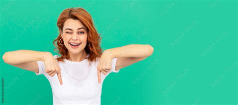 Woman Isolated Face Portrait Banner With Copy Space Winking Redhead Girl With Curly Hair