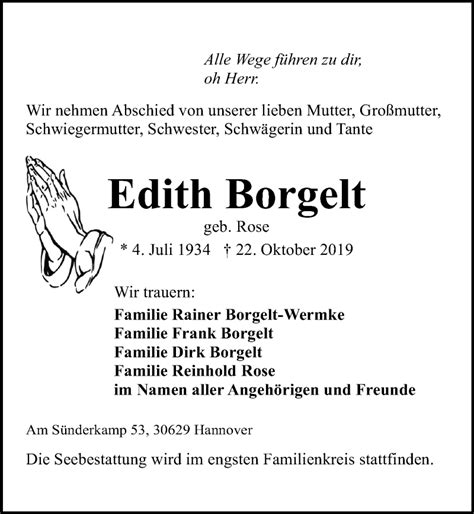 Traueranzeigen Von Edith Borgelt Trauer Anzeigen De