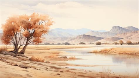 Realistic Watercolor Landscape Painting of Trees and Water in the Desert Stock Illustration ...