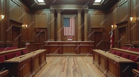 Elegant Wooden Courtroom Interior With Judges Bench And American Flag