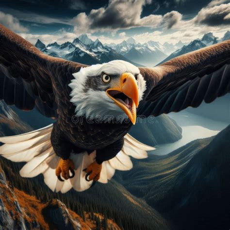 A Bald Eagle Soaring High Over The Mountains Of North America With Its