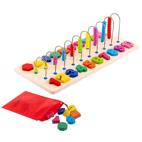 Toy To Enjoy Wooden Number Puzzle With Beads And Shapes Stacking