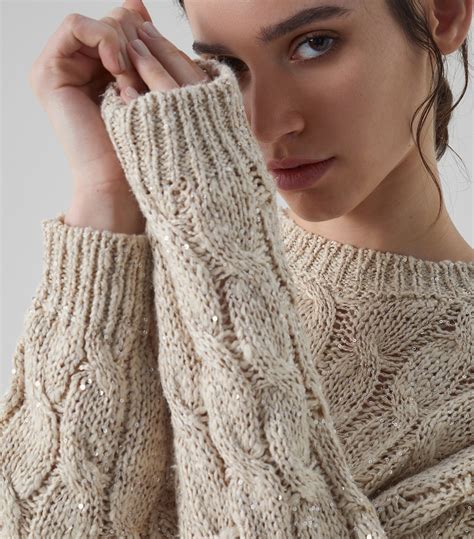 Brunello Cucinelli Neutrals Silk Blend Cable Knit Sweater Harrods UK