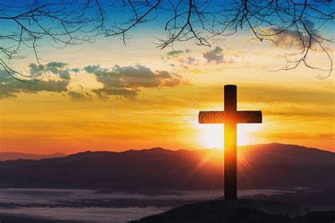 Cross on Mountain with Sunset Background Stock Photo - Image of christ ...