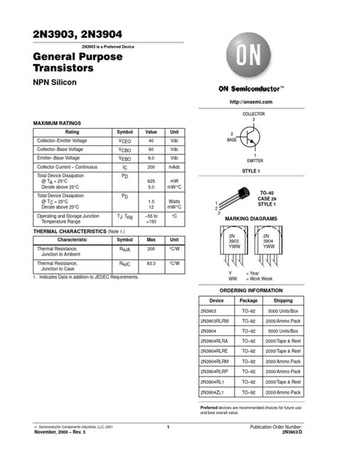 2n3903 2n3904 General Purpose Transistors Npn Silicon Pdf Bipolar