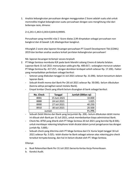 Tugas 2 TAP EKSI4500 Analisis Kebangkrutan Perusahaan Dengan