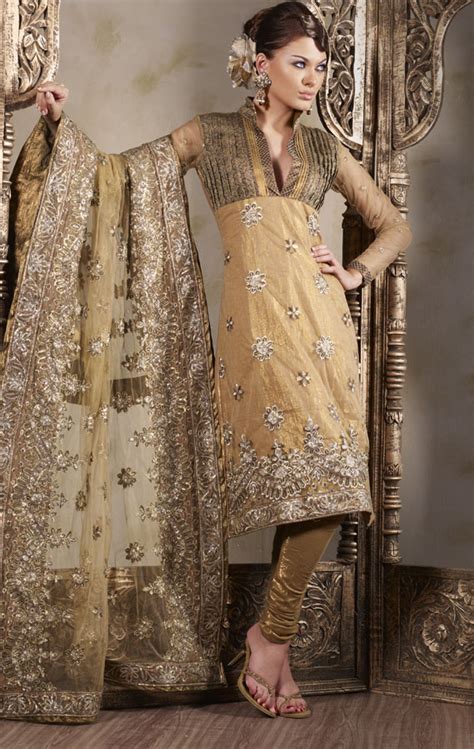 Buy Salwar Kameez Online Golden Churidar With Net Kameez