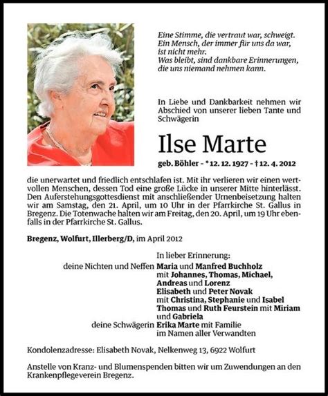 Todesanzeigen Von Ilse Marte Todesanzeigen Vorarlberger Nachrichten