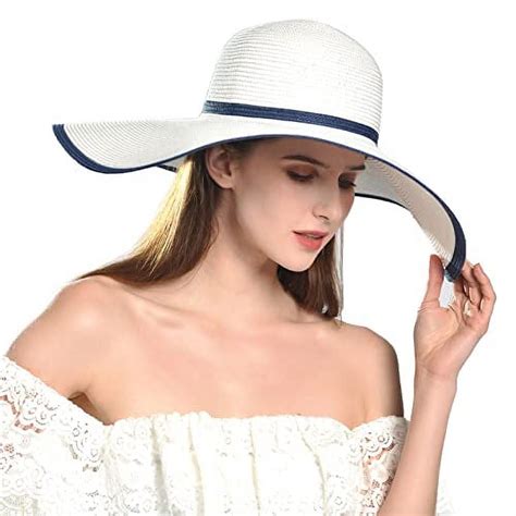 Comhats Summer Beach Sun Hat For Women Wide Brim Foldable Upf 50 Uv Floppy Packable Khaki White