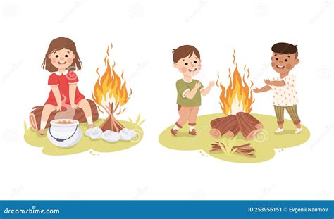 Little Children Camping Around Bonfire At Summer Camp Happy Kids