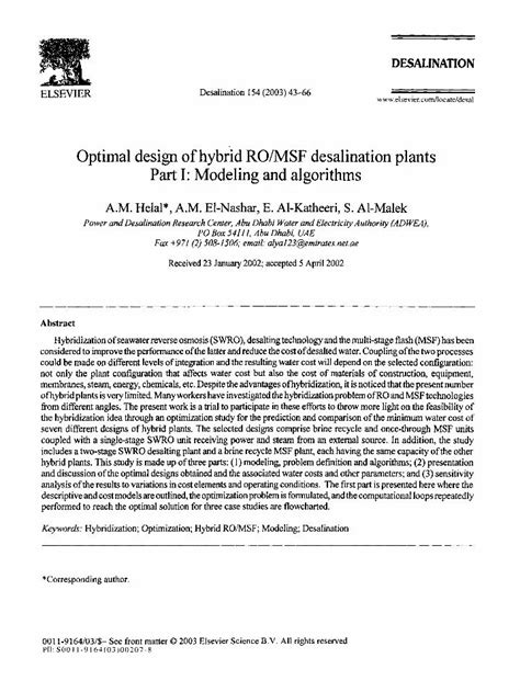 Pdf Optimal Design Of Hybrid Romsf Desalination Plants Part I