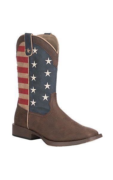 Roper Mens American Patriot Brown With American Flag Square Toe Cowboy