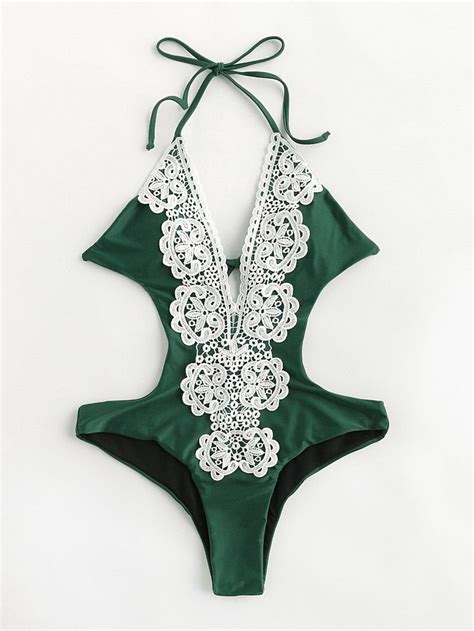 Contrast Crochet Plunge Neckline Monokini Monokini Swimwear Swimsuits