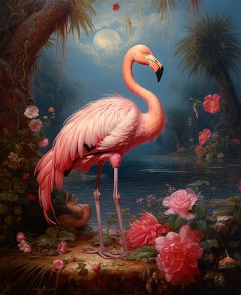 Peinture D Un Flamant Rose Debout Dans Un Jardin Avec Des Fleurs Et Une