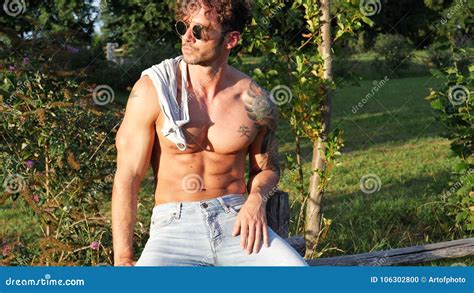 Muscular Shirtless Hunk Man Outdoor In Countryside Stock Photo Image