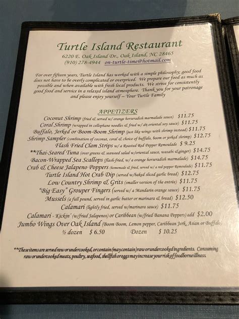 Menu At Turtle Island Restaurant Oak Island