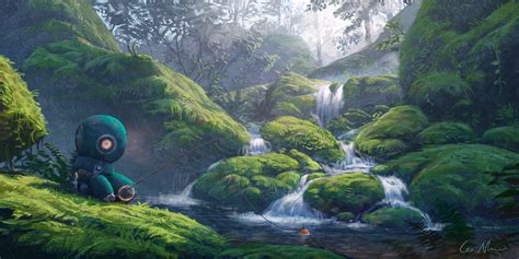 Artstation Little Robot Fishing In The Forest