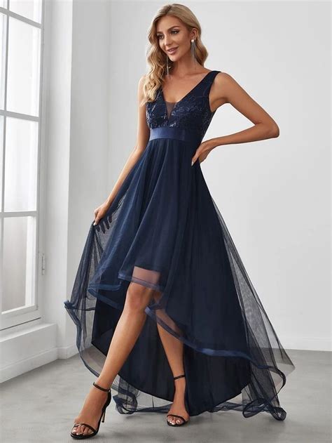 Ever Pretty Double V Neck Sequin Bodice High Low Mesh Bridesmaid Dress