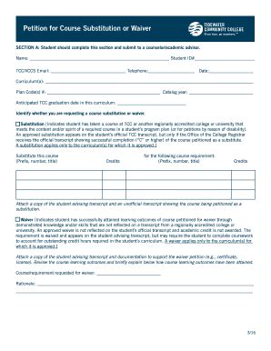 Fillable Online Web Tcc Petition For Course Substitution Or Waiver Fax